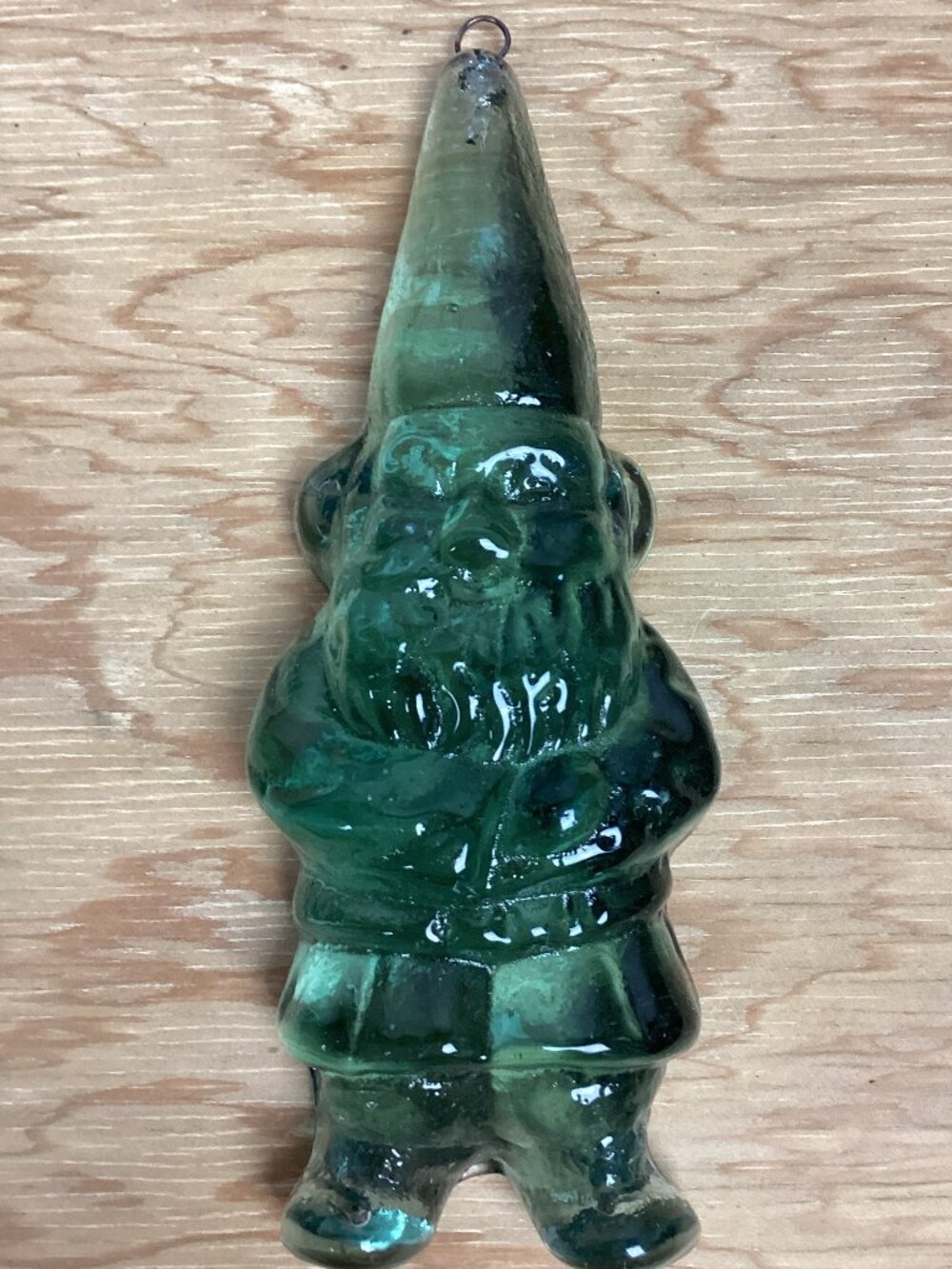 Vintage Green Glass Gnome Flat Backed Paper Weight Ornament 6"